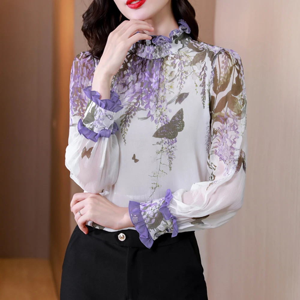 Elegant Printed Shirts Women Long Sleeved Fashion Women Silk Blouses 2024 Autumn Casual Ruffles Design Women Tops Blusas Mujer