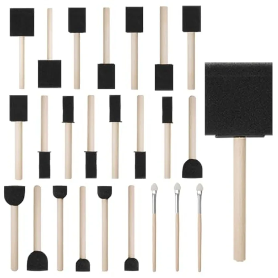 25 Pack Different Size Assorted Foam Brush Set Wood Handle Paint Brush Set