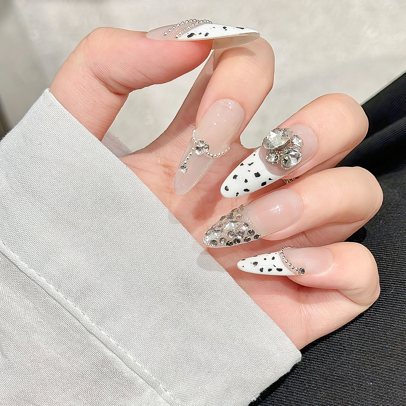 10 Uds. De uñas postizas con lazo de leopardo y ojo de gato, uñas postizas con mariposa, diamantes de imitación, elipse, almendra, uñas postizas para mujer, manicura DIY