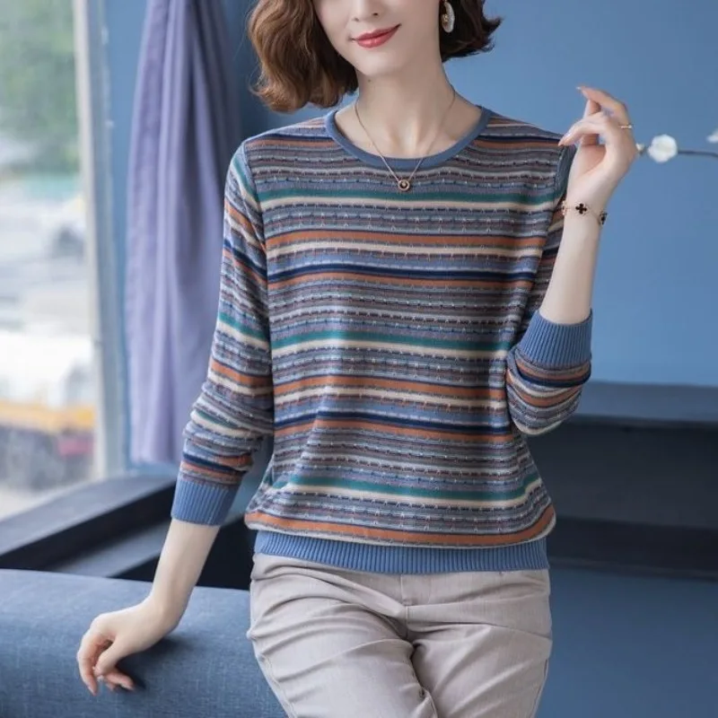 Women's Spring and Autumn New Fashion Elegant Round Neck Stripe Long Sleeve Knitwear Casual Versatile Western Commuter Y2KTops