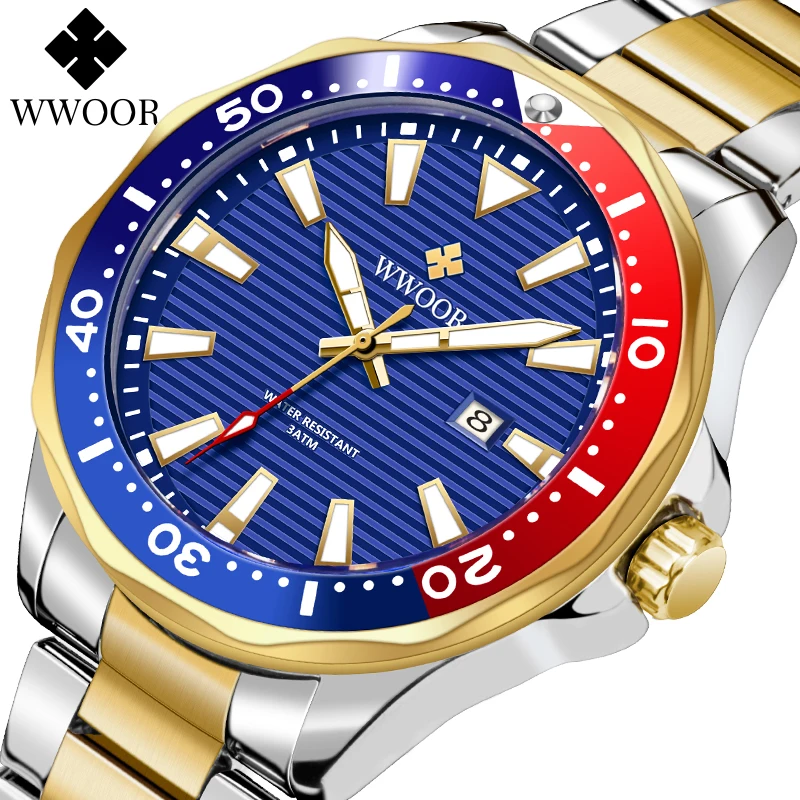 WWOOR 2024 New Luxury Military Gold Watch Mens Sports Diver Quartz 30ATM Waterproof Luminous Date Wristwatches Relogio Masculino