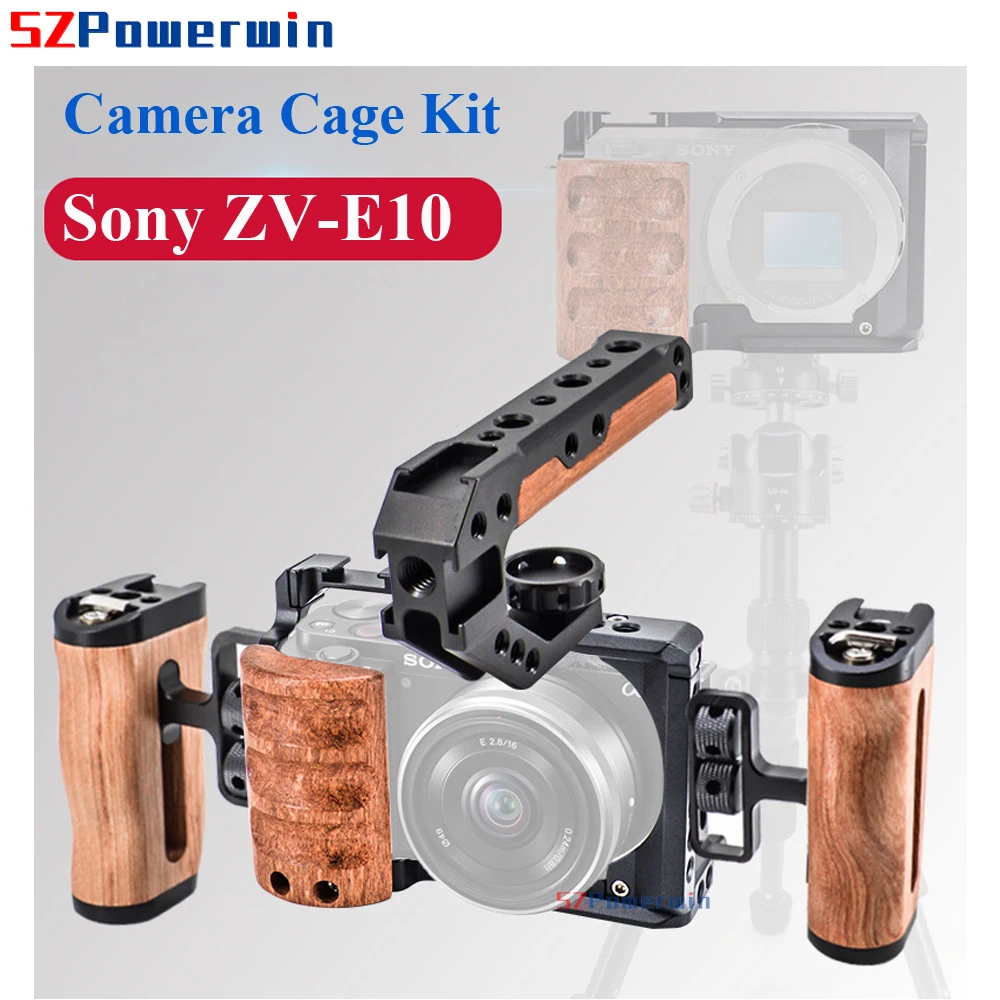 

Powerwin For Sony ZV-E10 Camera Cage with wooden Handle Kit Aluminum Alloy Arri Locating Screw Protective Rig Frame Gimbal