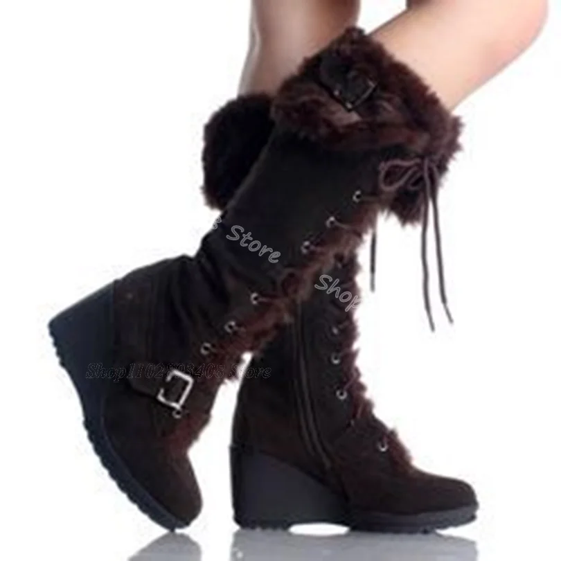 Botas femininas de lã com decoração de pele, dedo do pé redondo, cunhas com renda, sapatos femininos, estilo britânico, quente, inverno