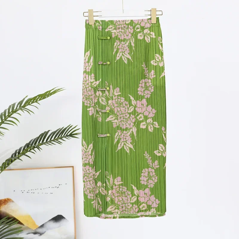 Demi-jupe fendue à boucle de Style chinois pour femmes, imprimé froissé, nouveau sac polyvalent, jupe plissée suspendue aux hanches, été 2025