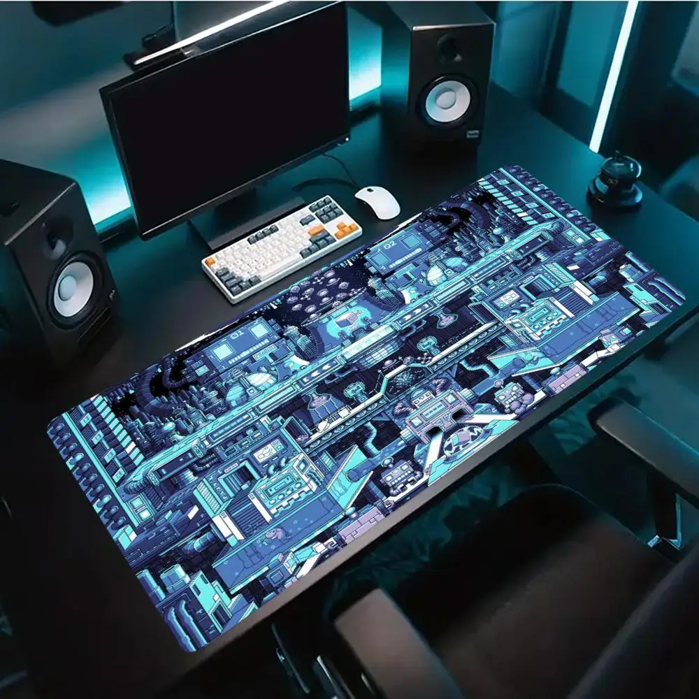 Large Mouse Pad Cyberpunk Circuit Tech Pixel Print Stitched Edge Anti‑Slip Rubber Desk Mat for Gaming Working Home Office
