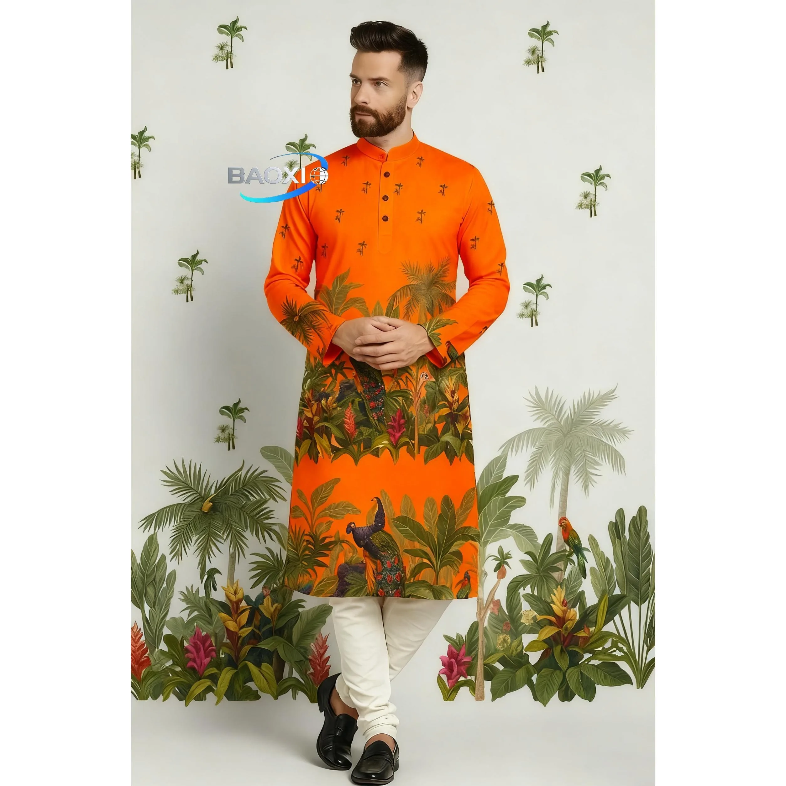 عباية عربية إسلامية للرجال رداء عرقي مطبوع بياقة واقفة قميص شبابي متوسط الطول معطف فاخر غير رسمي المغرب Tenue Arabe Homme #4