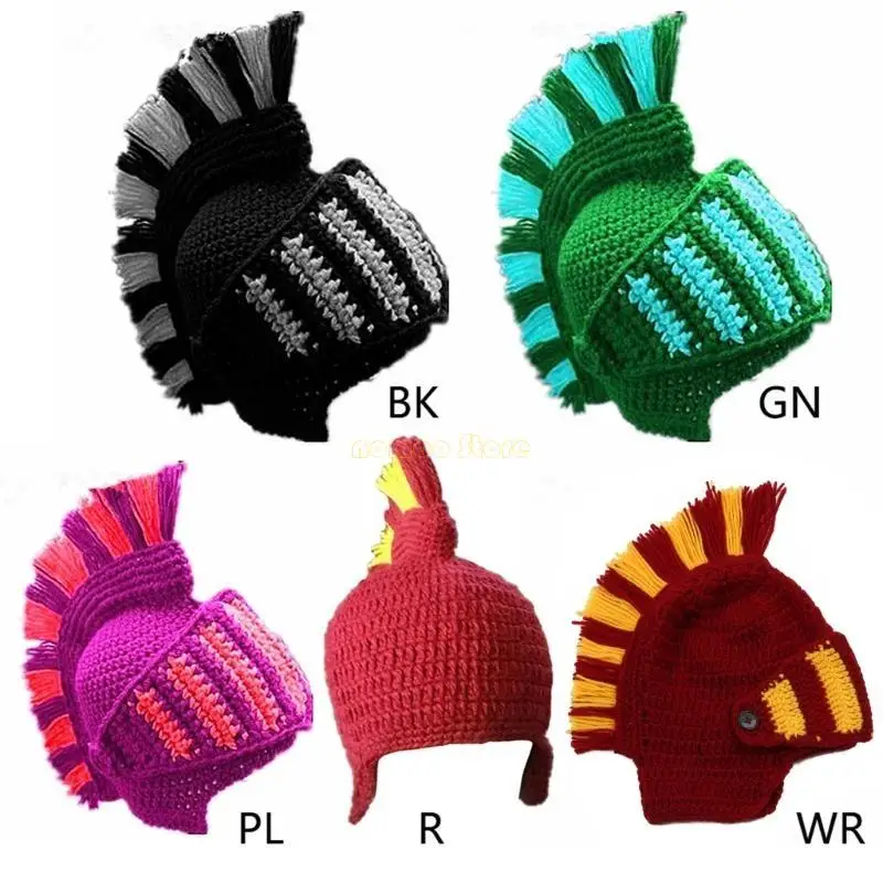 

31BF Crochet Knit Beanie Hat Roman Cosplay Knight Helmet Windproof Mask Cap