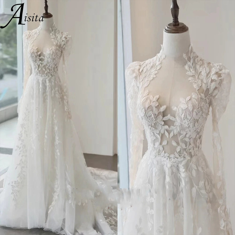 Vestidos De Novia románticos De línea A, apliques De encaje personalizados, vestido De Novia De boda, Vestidos De manga larga para mujer, Vestidos De Novia