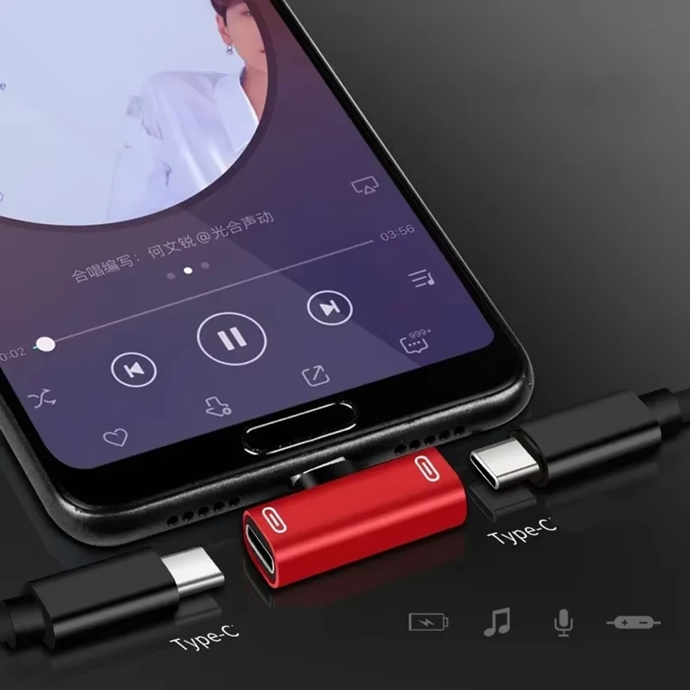 (ABDH) 3 in 1 Double Type-C Adapter Type-C Charge Cable Charger Earphone Converter for Smartphones Headphone Adapter Red