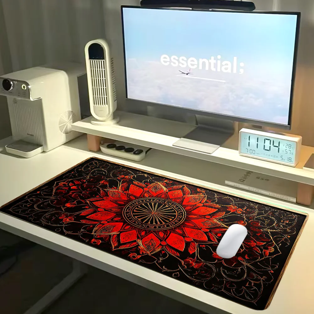 Mystery Mandala Mouse Pad Red Aesthetic Desk Mat Rubber Base Desk Accessories Non-Slip Stitched Edge Mousepad Gift for Women Men