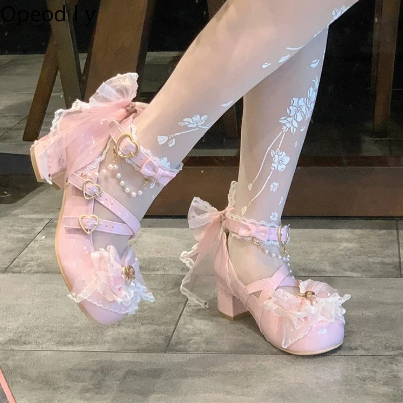 Japanese Original Sweet Cute Lolita High Heels Ancient Feeling Gorgeous Flower Wedding  Mary Jane Women's Single Shoes