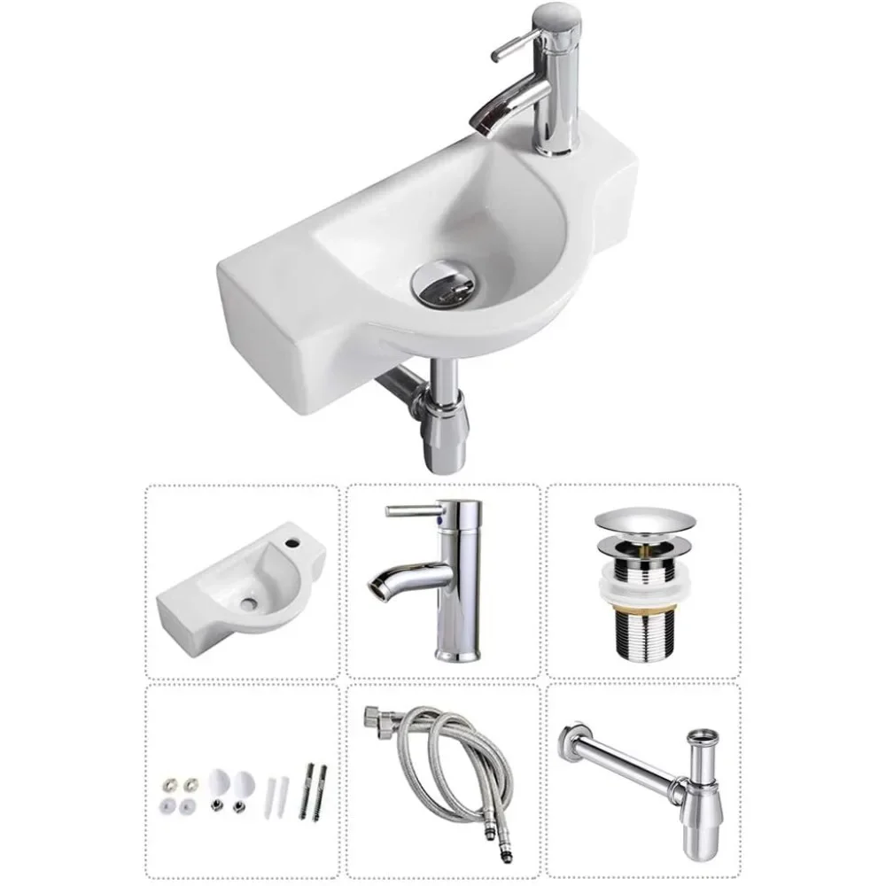 Bathroom Ceramic Washbasin and Faucet Combo, White Small Sink, Wall Mount, Corner Sink Set, Chrome Pop-up Drain