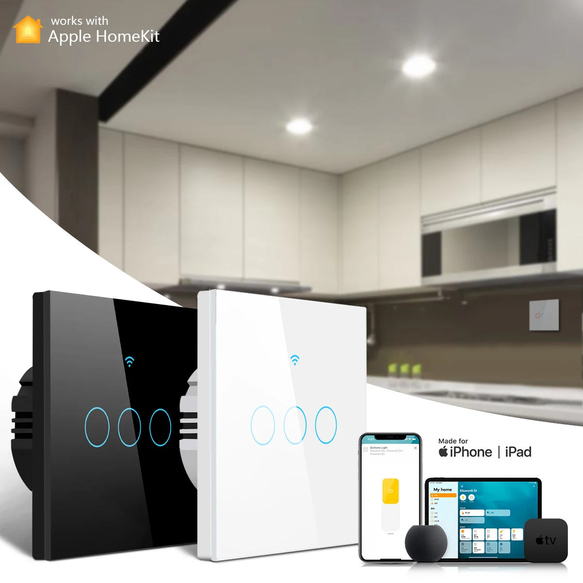 Siri Homekit WiFi Smart Light Switch Wall Touch Sensor Glass Panel Remot Control work with Apple Homekit MFI Interruptor EU US