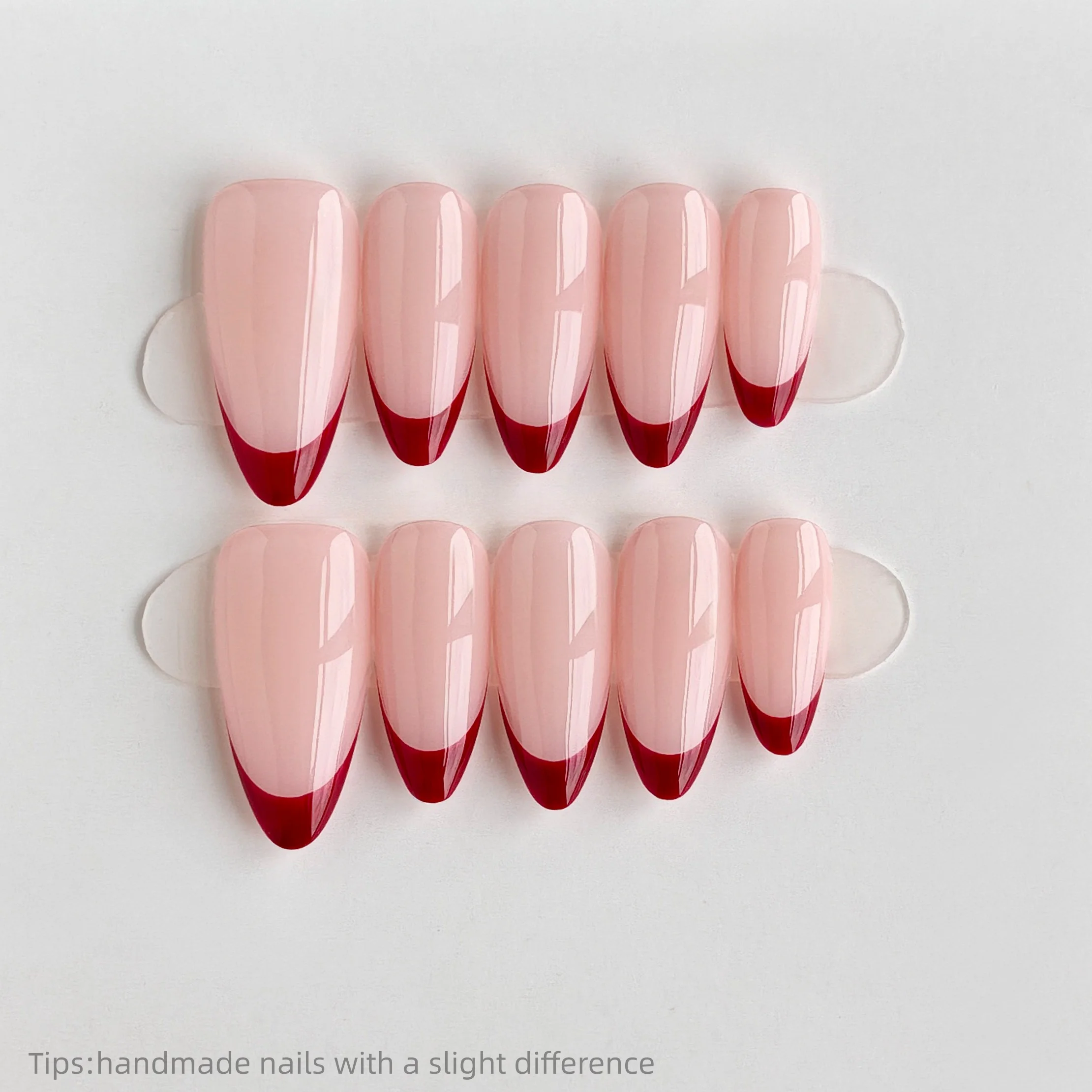 

10 шт., телесные красные накладные ногти ручной работы, миндалевидные длинные носимые многоразовые элегантные накладные ногти 2026