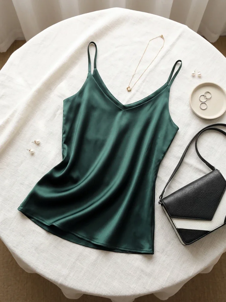 Damen Camisole 2026 Sommer Spaghetti-Träger Damen Tank Top Neckholder V-Ausschnitt Basic Weiß Cami Ärmellos Satin Seide Tops – Detail 6