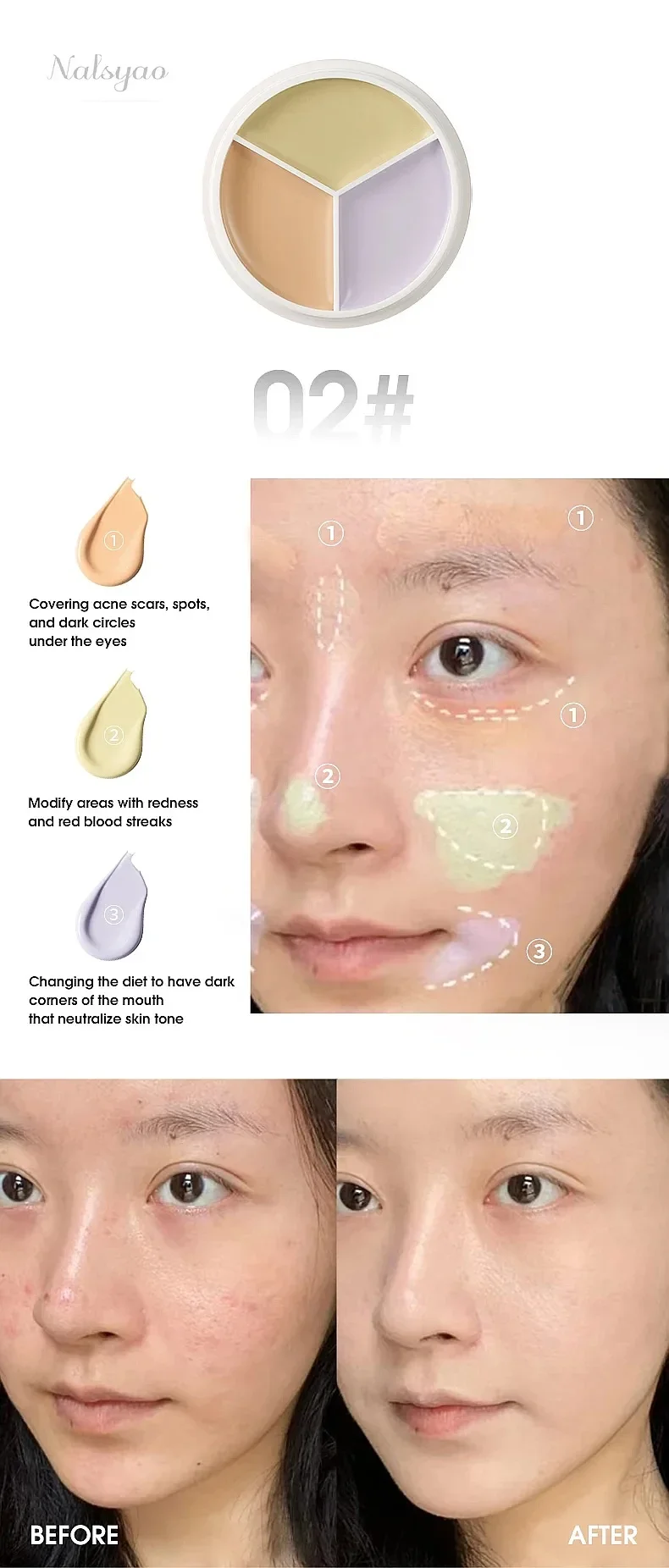 Wholesale Pure Holding 3 Color Concealer Acne Scar Repair Foundation Dark Circles Long Lasting Full Coverage