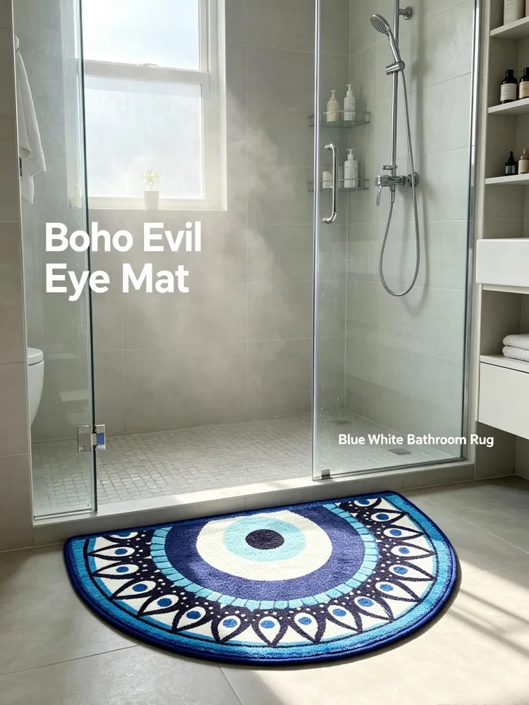Semicircular Evil Eye Bathroom Rug Soft Plush Non‑Slip Doormat Boho Blue Turkish Evil Eye Floor Mat for Bathroom Entrance Home D