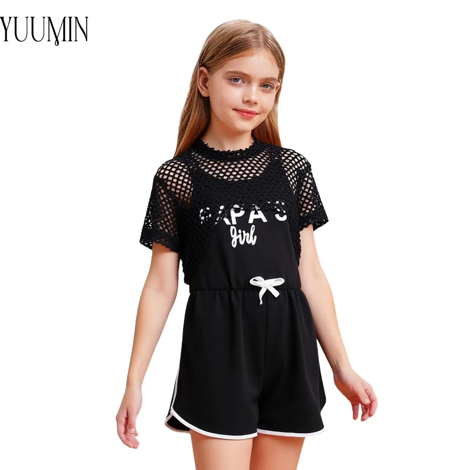 

Kids Girl 2-Piece Gym Yoga Sports Dance Outfit Short Sleeve Hollow Out Mesh Crop Top with Wide Shoulder Straps Stretchy Jumpsuit