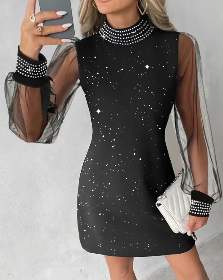 

2024 Fashion Women Casual Dress Mock Neck Sheer Mesh Patch Long Sleeve Glitter Sequin Rhinestone Solid Color A Line Mini Dress