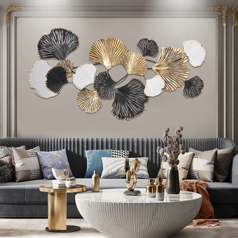 Large Iron Hanging Wall Ornaments, Living Room Ginkgo Leaf Decor, Hallway Pendant, Sofa Background Metal Art, Home Decoration