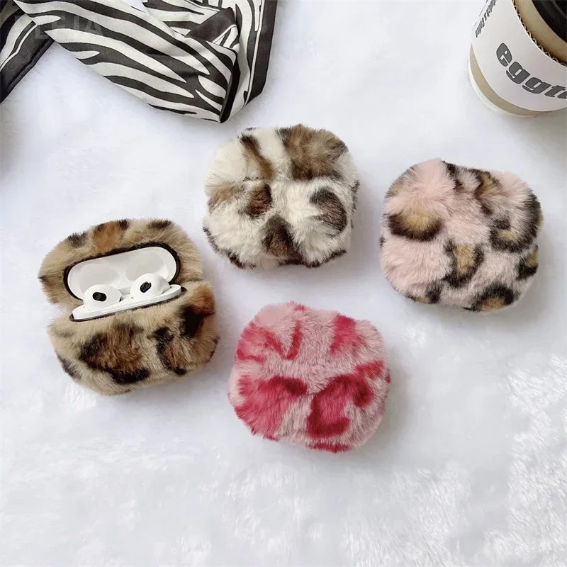 Bluetooth Headphone Cover Fashion Fluffy Soft Plush Leopard Earphone Case For  1 4 Pro 3 Cover Silicone Fur Headphones Box Prote