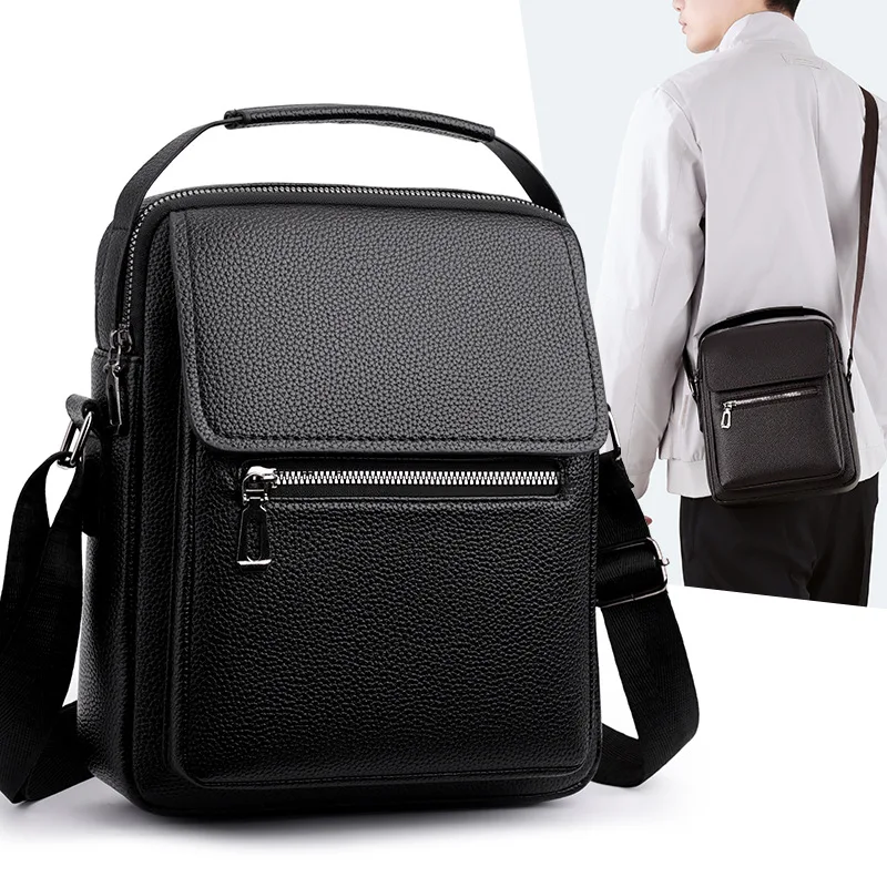 New Men Vertical Messenger Shoulder Bag Multi‑Zipper Pockets Top Handle Crossbody Sling Pack for Business Travel Daily Commuting
