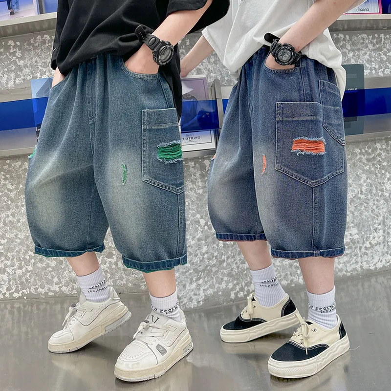 Neue Sommer-Shorts für Teenager-Jungen, modische, zerrissene Jeans-Shorts mit Löchern für 5-14 Jahre, Kinderhosen
