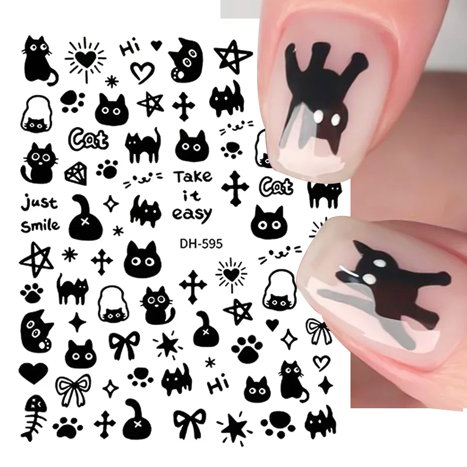 

Embossed Black Cat Nail Stickers Decals Miniso Lovely Cartoon Graffiti Animals New Nail Stickers Decoration Manicure