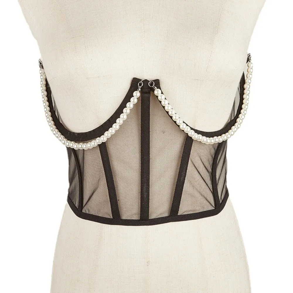 

Simple Pearl Chain Mesh Cummerbunds Transparent High Waist Female Waistband Strap Corset Tank Tops Wide Waist Belt Corset