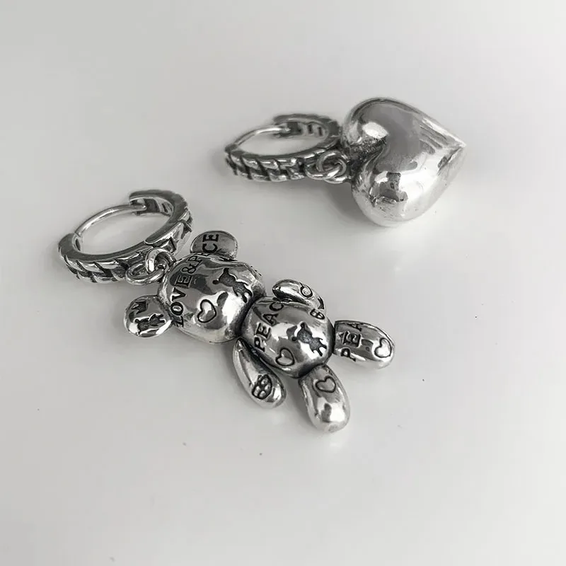 Prevent Allergy 925 Sterling Silver Hoop Earrings Vintage Accessories Little Bear LOVE Heart Asymmetric Party Jewelry