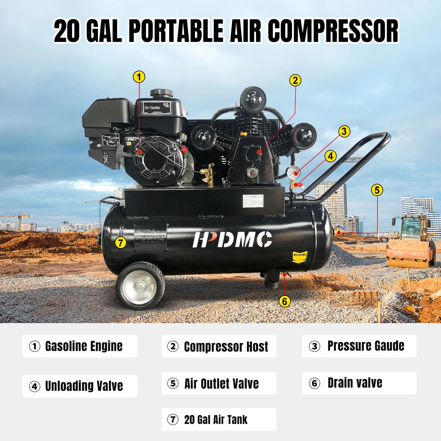 6.5HP Protable Heavy duty Compressor 20-Gallon Horizontal Portable Single-Stage 17cfm@125psi KOHLER Engine Industrial Gas Driven