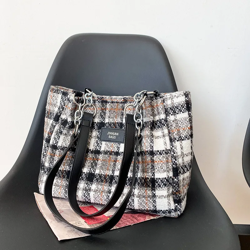 Women Girl Tweed Tartan Messenger Bag Plaid Check Shoulder Bag Hand Tote Trendy Large Capacity