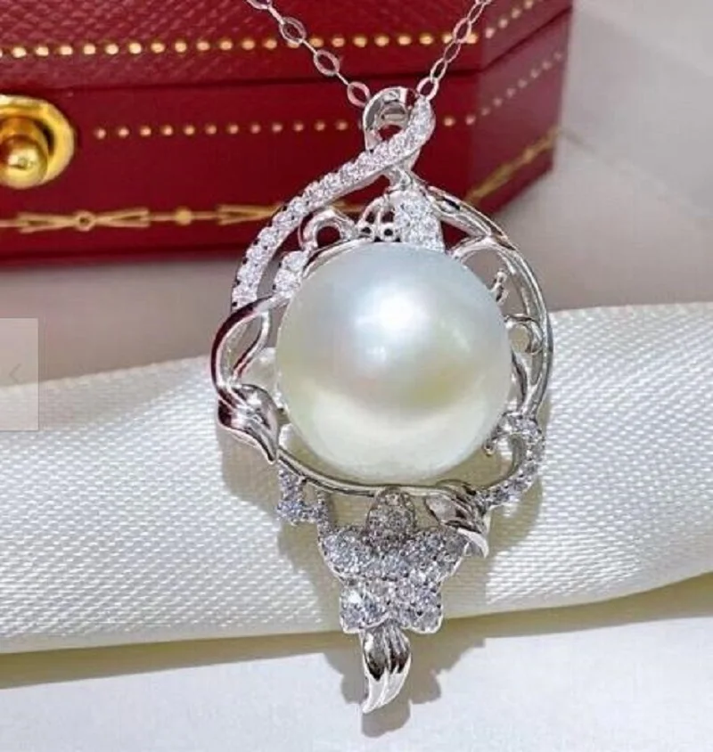 Gorgeous Giant AAAA 12-13mm South China Sea White Earstuds Pearl Pendant Necklace 18 inches 925's