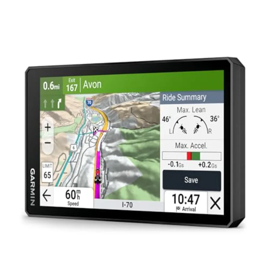 

Motorcycle GPS for rugged outdoor use, durable polycarbonate body, black finish, features lean angle detection, custom route pl