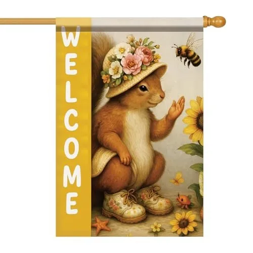 Welcome House Flag 28x40 Inch Double Sided Flower Hat and Bee Yard Squirrel OOV IIC