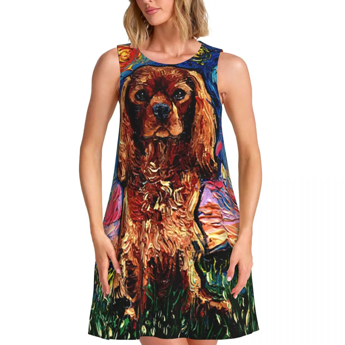 Ruby Dog Cavalier King Charles Spaniel Night Summer Vestido de manga corta para mujer Vestidos casuales sin mangas con cuello redondo Street Robe