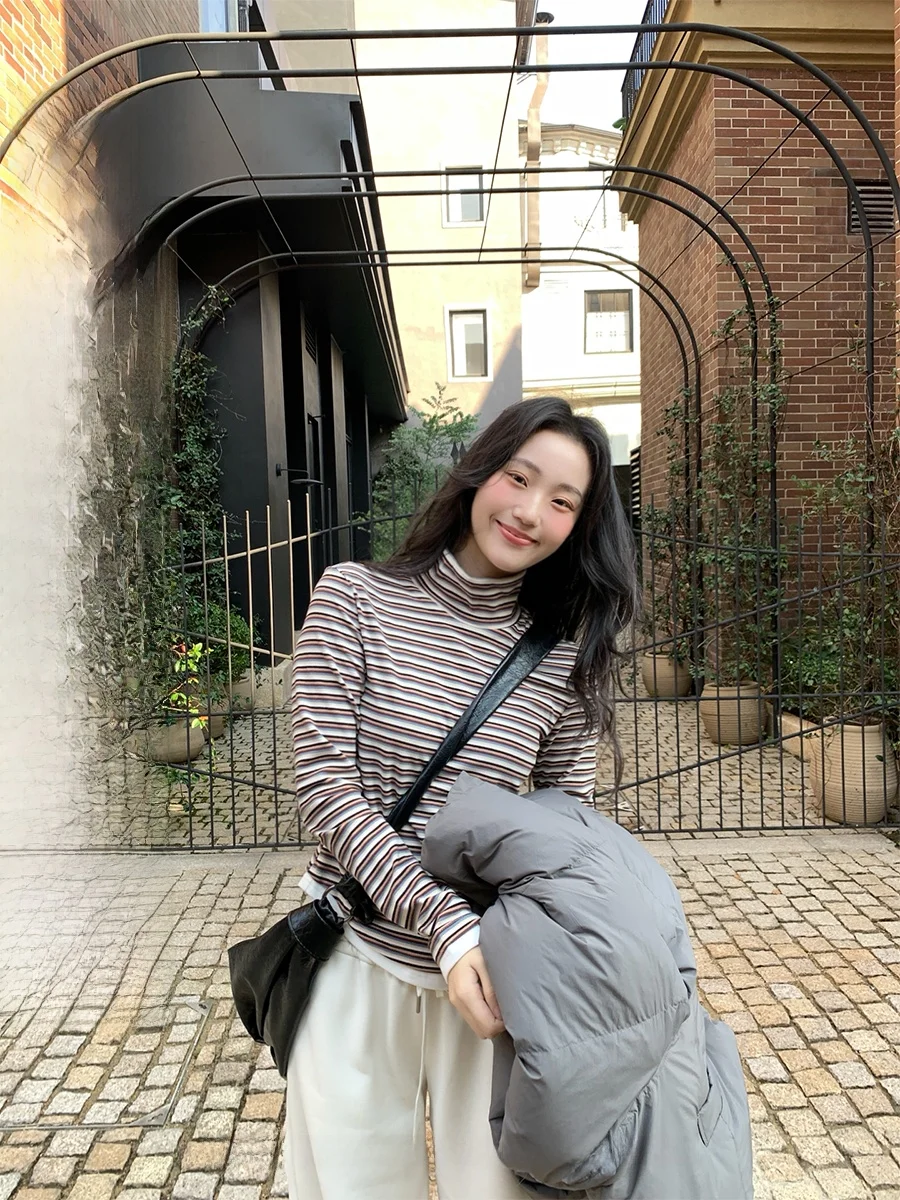 

Slim Fit Women's Long Sve T-irt f High Collar Base irt Top Versatile Striped Winter New Sle Casual Faion