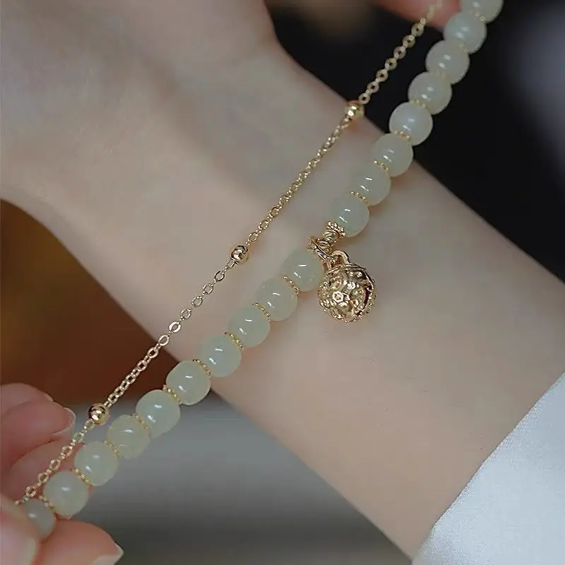 Women Hetian Yu Double Layer Bell Beaded Bracelet Natural Gem Bangles Chain Adjustable Jewelry Gift for Friend New