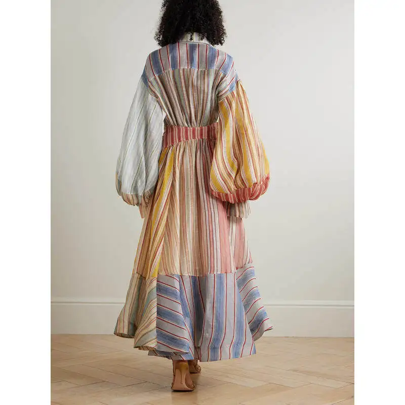 2026 vacances prêt à porter REBELLION soie lin motif à rayures Midi Dr couleur Blo Long Street Sle Fce v-ne Maxi Dr