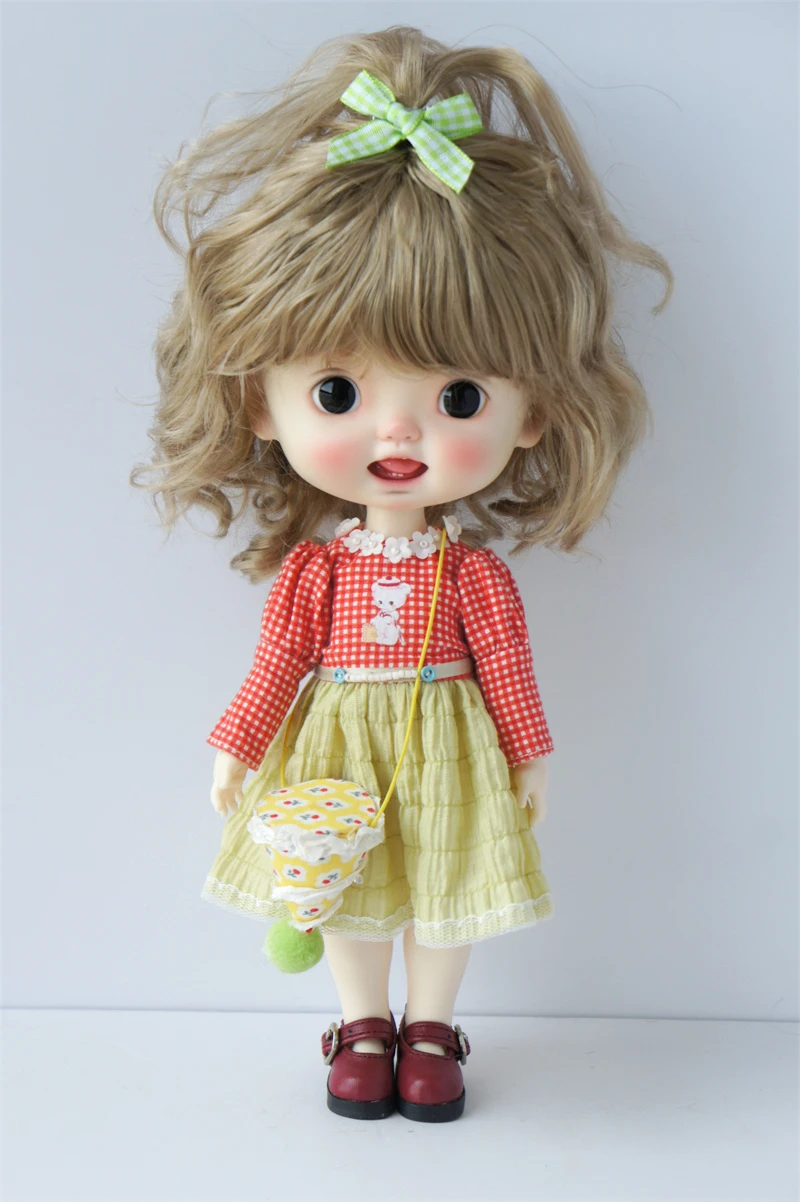 Perruque BJD de 3-4 pouces à 11-12 pouces, cheveux doux, frange complète, demi-queue de cheval, cheveux courts bouclés et ondulés, adaptés à toutes les pouces de tête