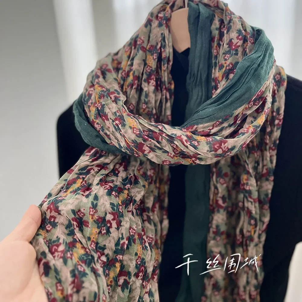 Spring and Autumn Thin Floral Scarf Women\'s New Vintage Japanese Cotton Hemp Texture Silk Summer Sunscreen Headscarf Beach