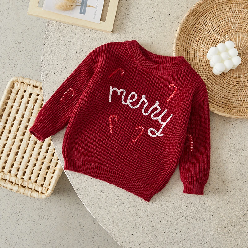 Suefunskry-Baby Merryクリスマス長袖ニットプルオーバー、幼児用セーター、カジュアルトップ、キャンディー杖刺embroidery、キュート、秋冬