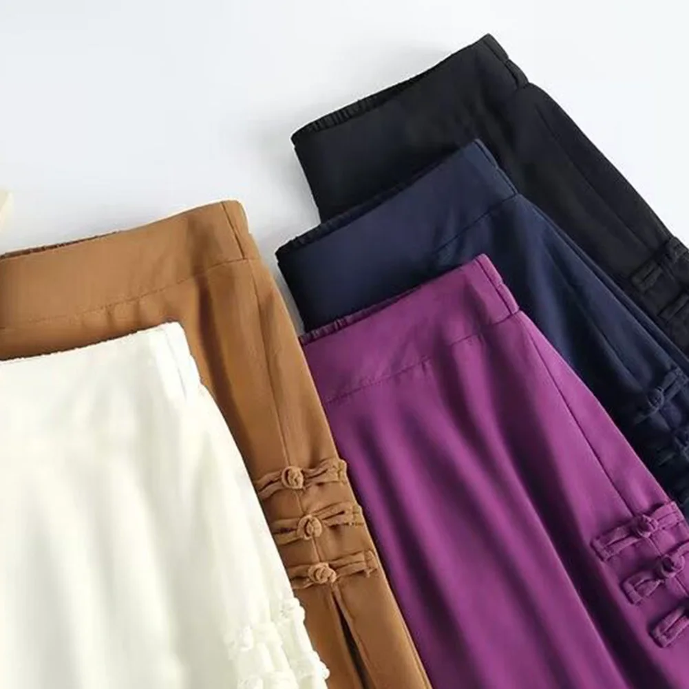 Chiffon Side Slit Trousers Chinese Style Pants Regular Length Trousers Solid Color Design Suitable For Holidays