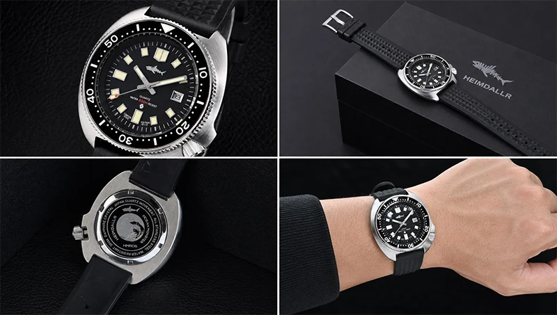 HEIMDALLR Retro Herren-Taucheruhr Stahl/Gummiarmband 20Bar Wasserdicht C3 Leuchtende Keramik-Lünette Saphirglas 2115 Quarz-Uhrwerk – Detail 5