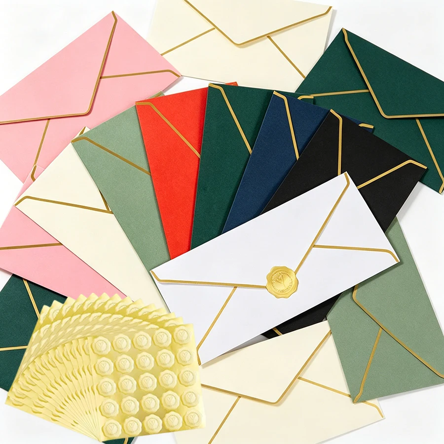25pcs Envelopes + 1Sheet Stickers Red Money Envelopes with Golden Frames - Self-Sealing  Party Invitations for Events Gift