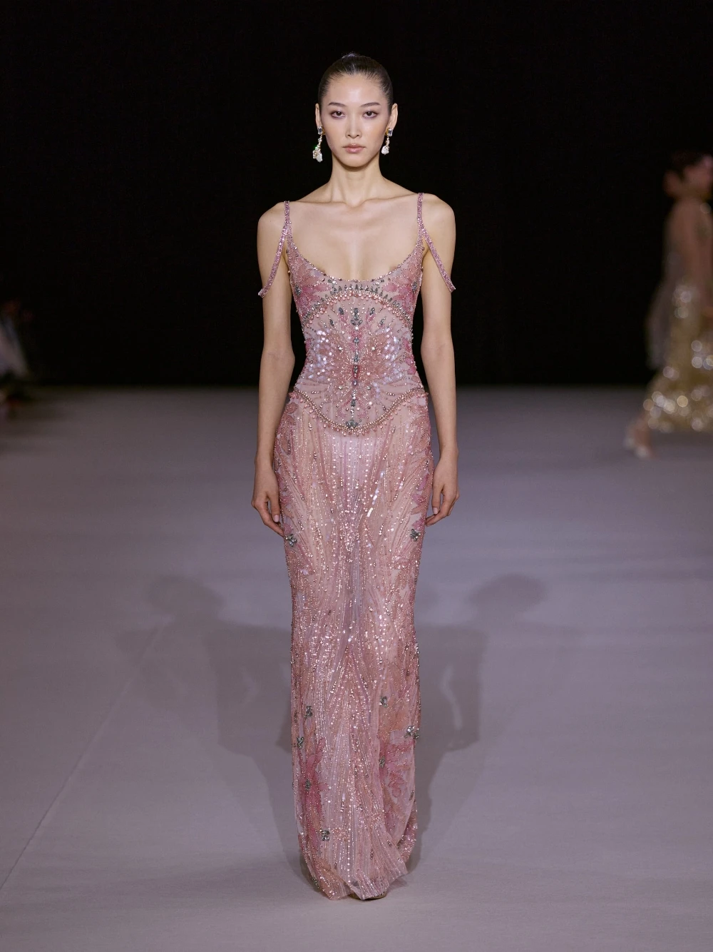 Blush Pink Spaghetti Strap Evening Dress Arabic Shiny Elegant Beaded Rhinestone Prom Gown Customized Formal Gala Red Carpet Wear