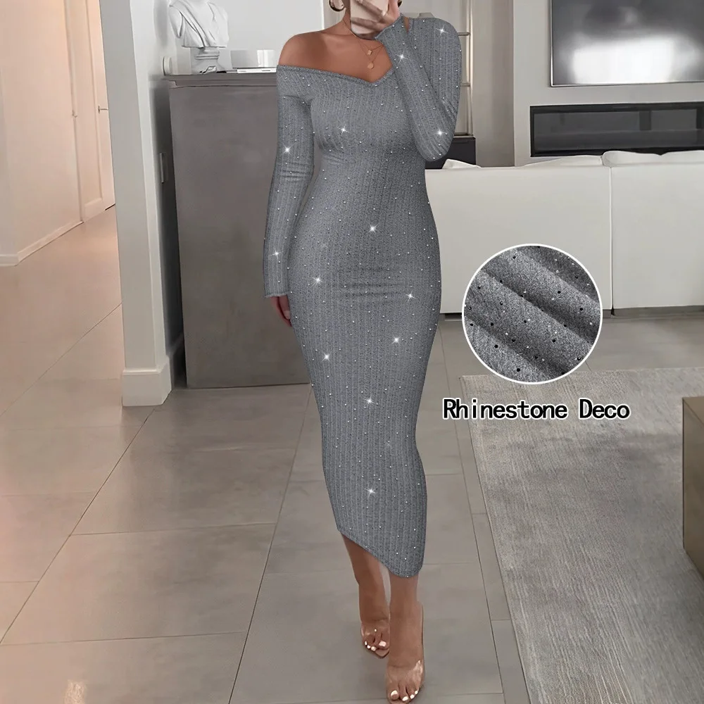 Women V-Neck Long Sleeve Rhinestone Decor Ribbed Bodycon Dress