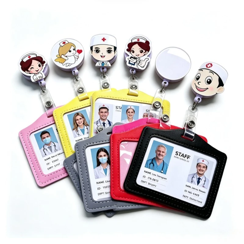 1Set PU Working Permit Case with Clip for Nurse Doctor Pass Work Card Cover Clips Badge Holder Cartoon Retractable Badge Reels