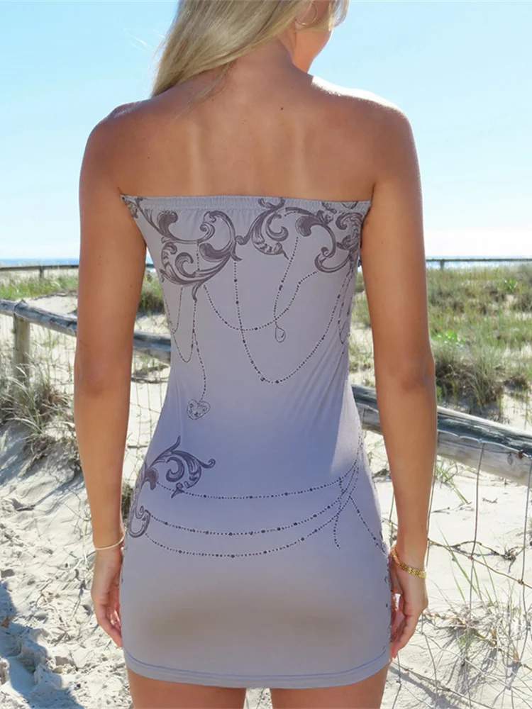 Nibber Patchwork Metal Rings Dress Women Skimpy Backless Strapless Graphic Print Sexy Slim Midnight Clubwear Party Mini Bodycon