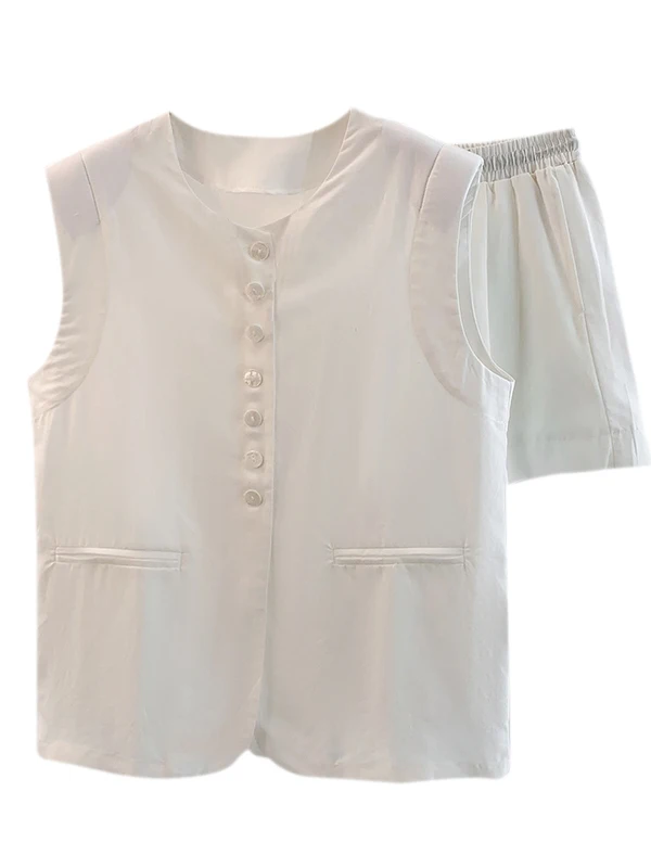 カジュアルでおしゃれなレディース綿混ノースリーブベストと伸縮性のあるショートパンツのセット、ラウンドネックのツーピーススーツ、サマーコレクション